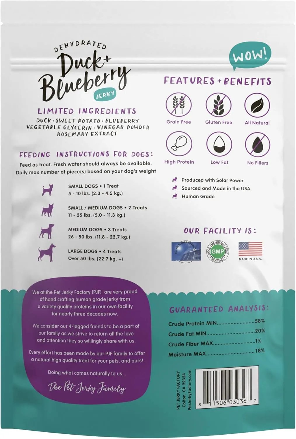 Pet Jerky Factory Premium Duck and Blueberry 5 oz. Dog Jerky Treats | 100% Human Grade | USA Made | High Protein | Grain Free | Limited Ingredients | No Filler | BHA-BHT Free | Soft-Tender