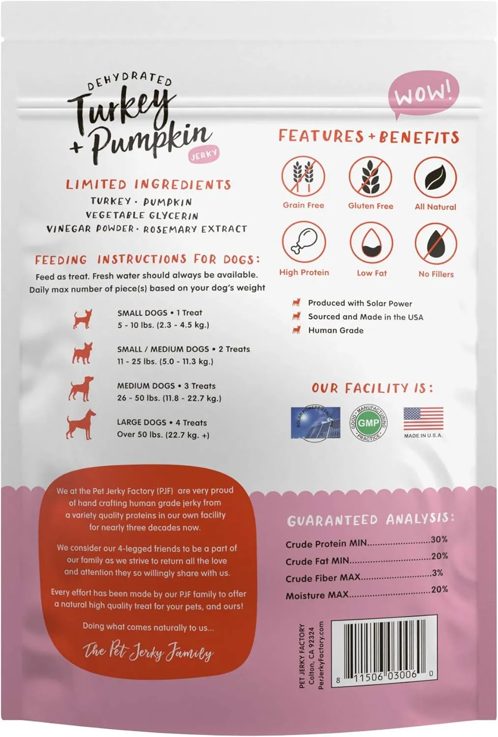 Pet Jerky Factory Premium Turkey and Pumpkin 5 oz. Dog Jerky Treats | 100% Human Grade | USA Made | High Protein | Grain Free | Limited Ingredients | No Filler | BHA-BHT Free | Soft-Tender