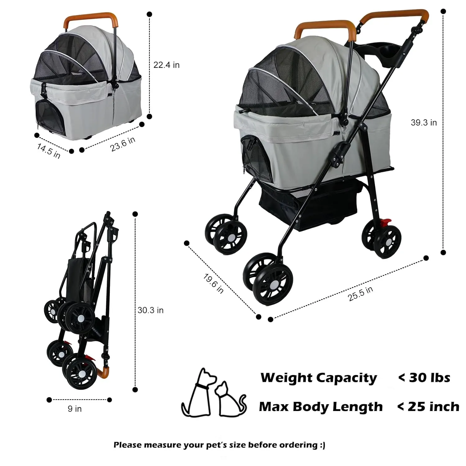Pet Stroller with Storage Basket and Cup Holder, Folding Dog Jogger, Foldable Cat Stroller, 3 in 1 Puppy Kitten Cart, Pet Jogger for Medium Dog Cat (Gray)