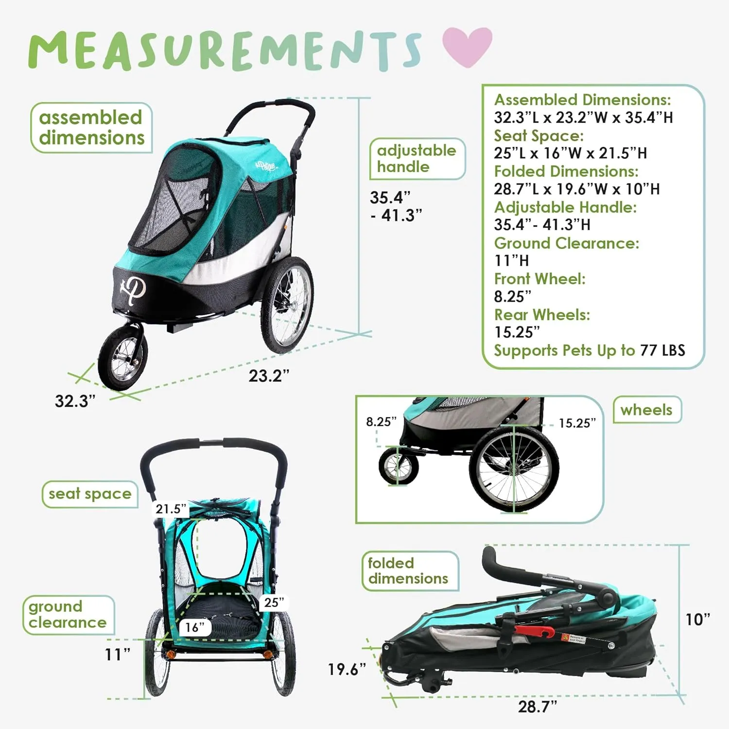 PETIQUE Trailblazer Jogger, Dog Cart for Medium Size Pets, Ventilated Pet Stroller for Cats & Dogs, Turquoise