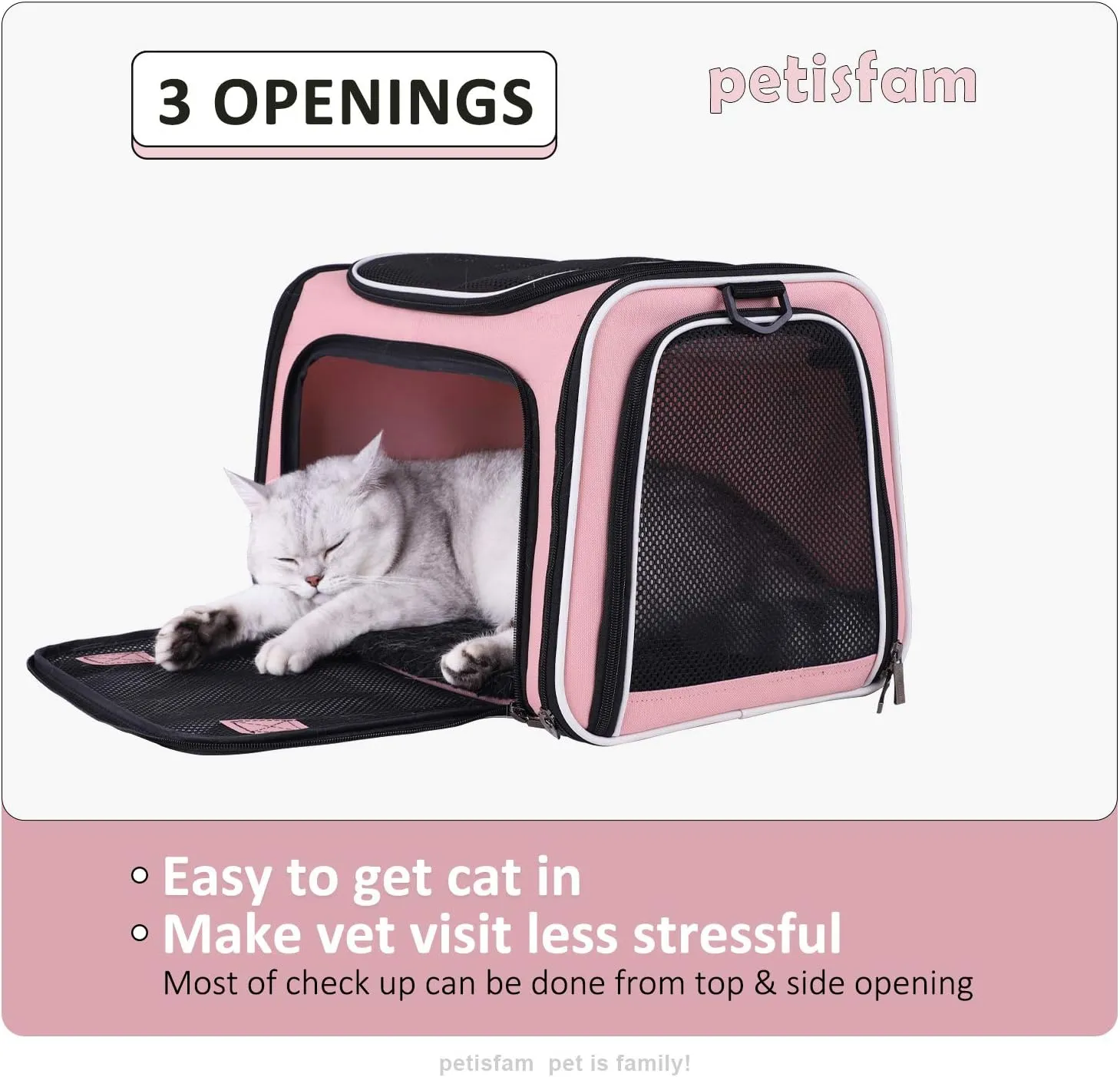 petisfam Soft Pet Carrier for Medium Cats and Small Dogs with Cozy Bed, 3 Doors, Top Entrance | Airline Approved, Escape-Proof, Breathable, Leak-Proof, Easy Storage (Pink)