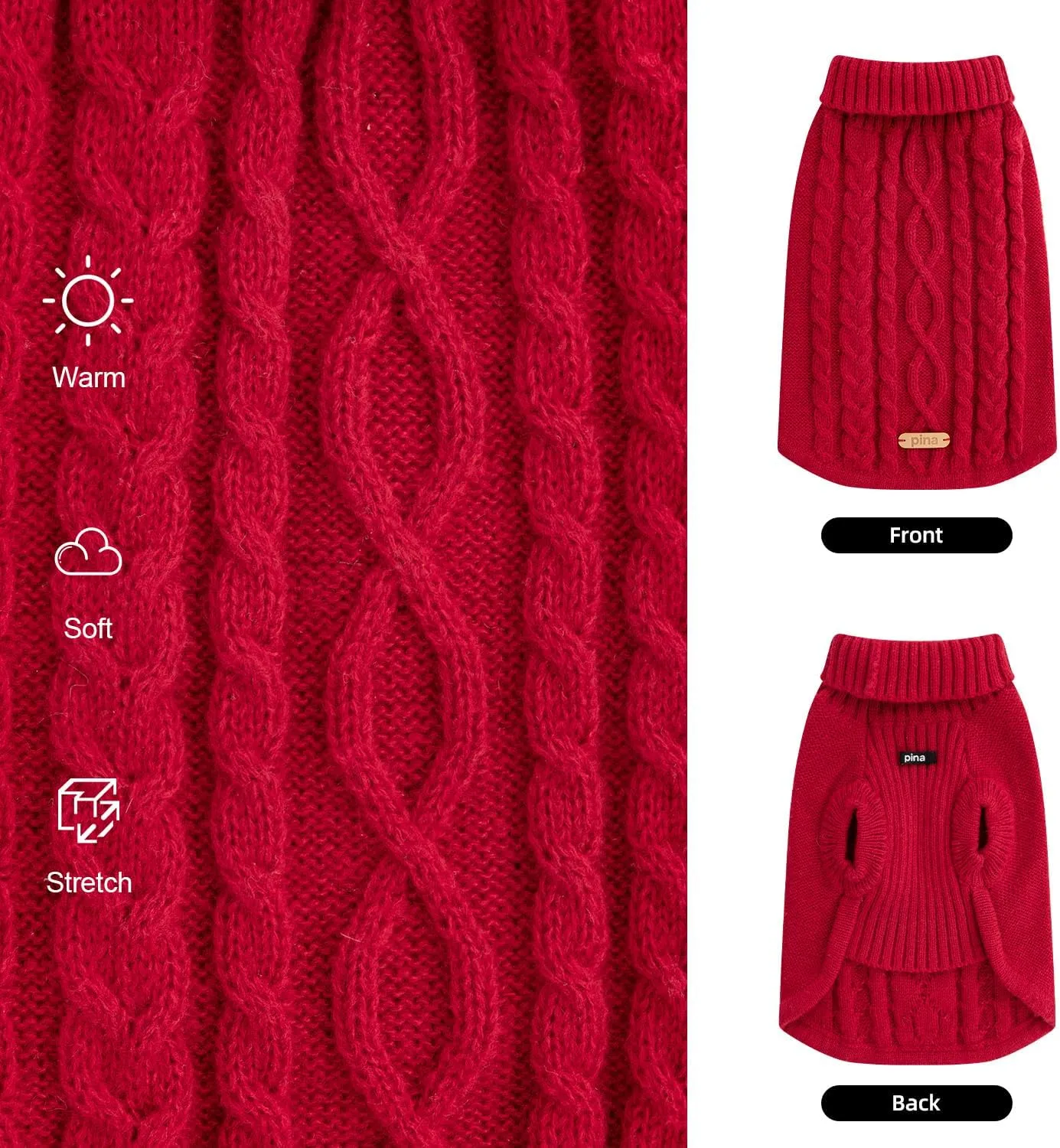 PINA Dog Sweater, Turtleneck Dog Sweater Classic Cable Knit, Dog Pullover Sweater Classic Warm Windproof, Puppy Sweater Winter Clothes for Small Medium Large Dogs