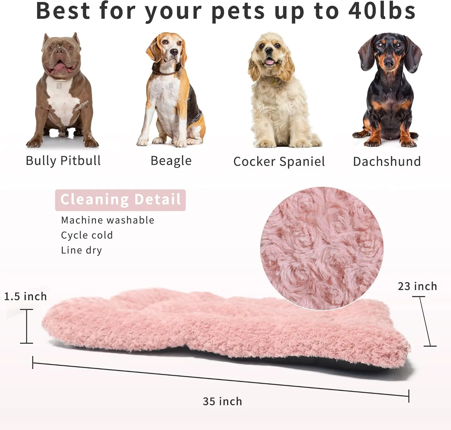Pink Dog Bed for Crate Washable 36 Inch Kennel Pads for Dog Cages Large Sized Dog Deluxe Plush Fulffy Comfy Anti-Slip Pet Sleeping Mat, 35" x 22", Pink