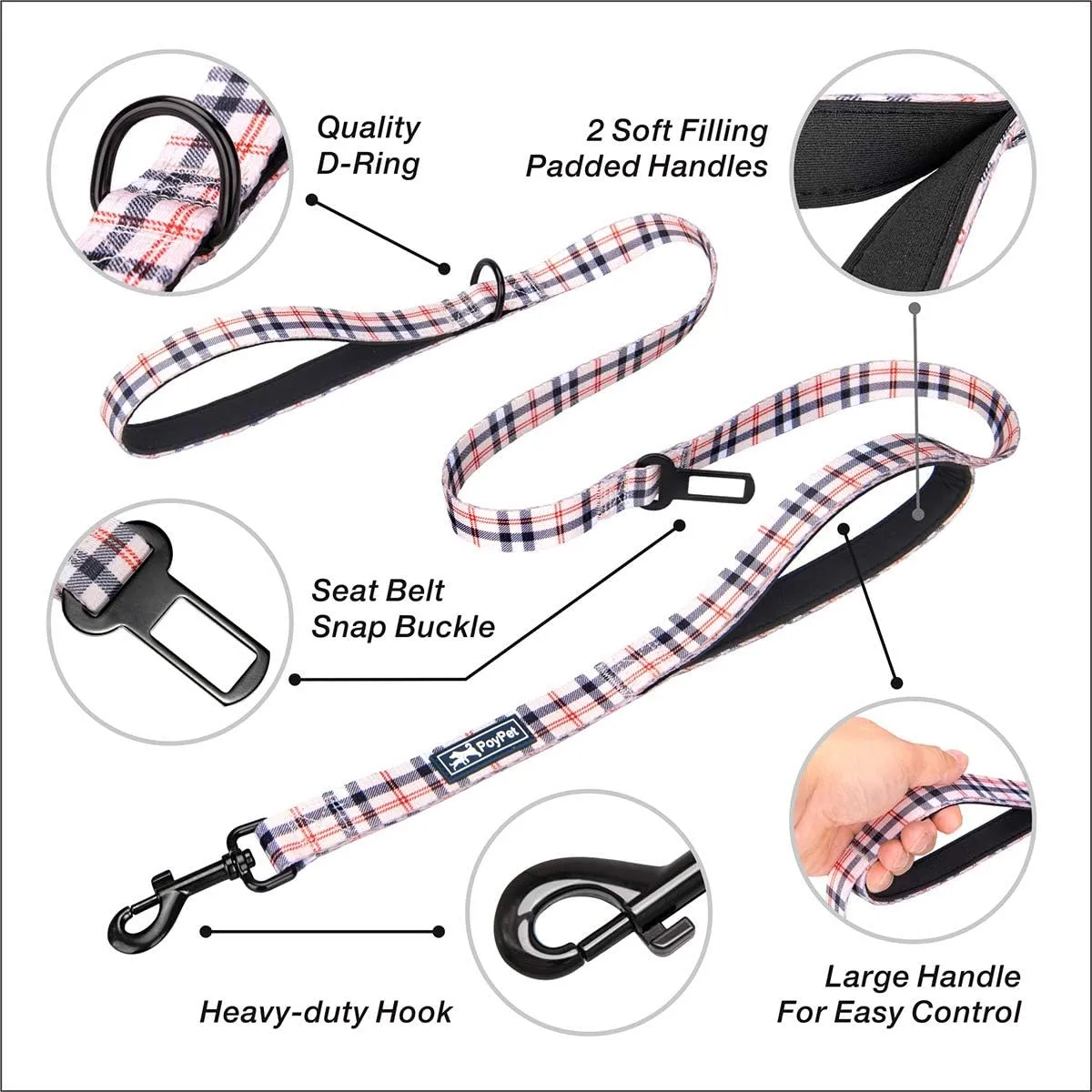 PoyPet 5 Feet Dog Leash - 2 Cushioned Handles - Functional Car Seat Belt (Checkered Beige)