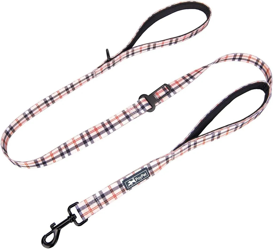 PoyPet 5 Feet Dog Leash - 2 Cushioned Handles - Functional Car Seat Belt (Checkered Beige)