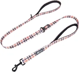 PoyPet 5 Feet Dog Leash - 2 Cushioned Handles - Functional Car Seat Belt (Checkered Beige)
