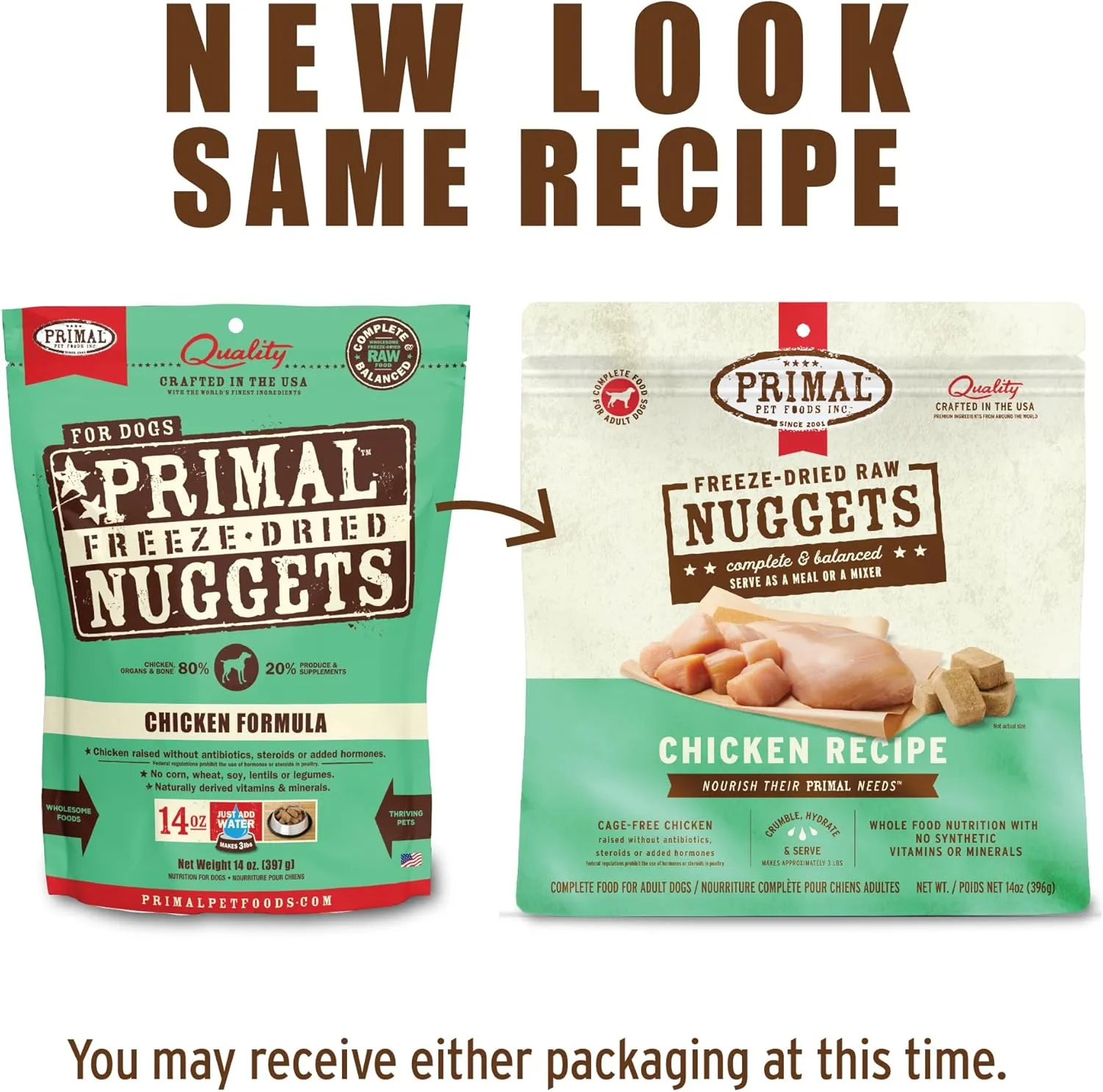 Primal Freeze Dried Dog Food Nuggets, Chicken, Complete & Balanced Meal, Also Use as Topper or Treat, Premium, Healthy, Grain Free, High Protein Raw Dog Food, 14 oz (Pack of 4)