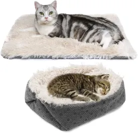 PUPTECK Furry Self Warming Cat Bed Mat - Foldable Convertible Thermal Sleeping Bag Pad, Comfy Pet Heated Nest Mat Anti-Slip