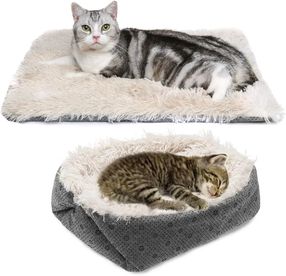 PUPTECK Furry Self Warming Cat Bed Mat - Foldable Convertible Thermal Sleeping Bag Pad, Comfy Pet Heated Nest Mat Anti-Slip