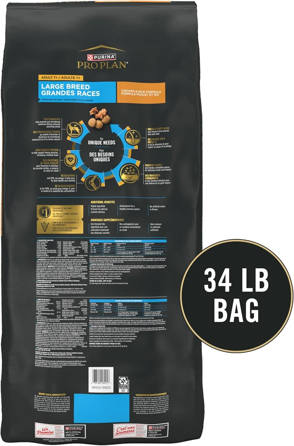 Purina Pro Plan Large Breed Adult 7 Plus Shredded Blend Chicken and Rice Formula Senior Dog Food - 34 lb. Bag