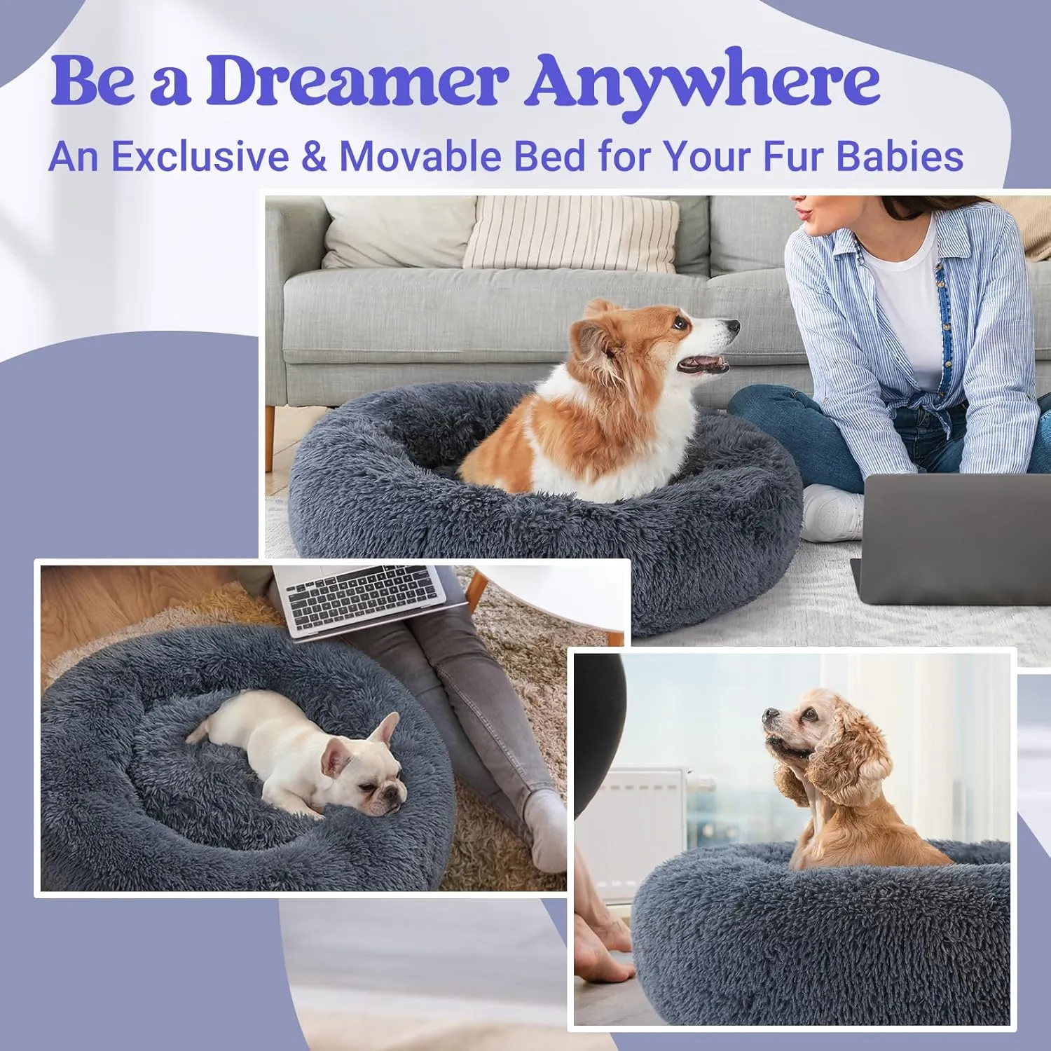 rabbitgoo Calming Dog Bed for Small Medium, 30 inches Pet Bed Machine Washable, Non-Slip Round Fluffy Plush Faux Fur Large Cat Cushion, Soft Donut Cuddler Cushion for Small Dogs, Dark Grey