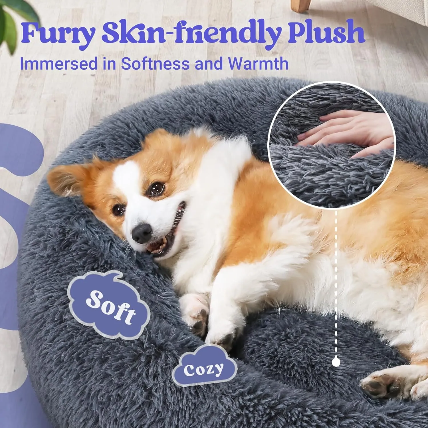 rabbitgoo Calming Dog Bed for Small Medium, 30 inches Pet Bed Machine Washable, Non-Slip Round Fluffy Plush Faux Fur Large Cat Cushion, Soft Donut Cuddler Cushion for Small Dogs, Dark Grey