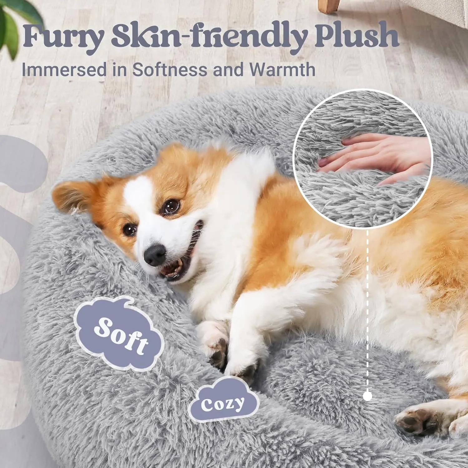 rabbitgoo Calming Dog Bed for Small Medium, 30 inches Pet Bed Machine Washable, Non-Slip Round Fluffy Plush Faux Fur Large Cat Cushion, Soft Donut Cuddler Cushion for Small Dogs, Light Grey