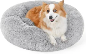 rabbitgoo Calming Dog Bed for Small Medium, 30 inches Pet Bed Machine Washable, Non-Slip Round Fluffy Plush Faux Fur Large Cat Cushion, Soft Donut Cuddler Cushion for Small Dogs, Light Grey