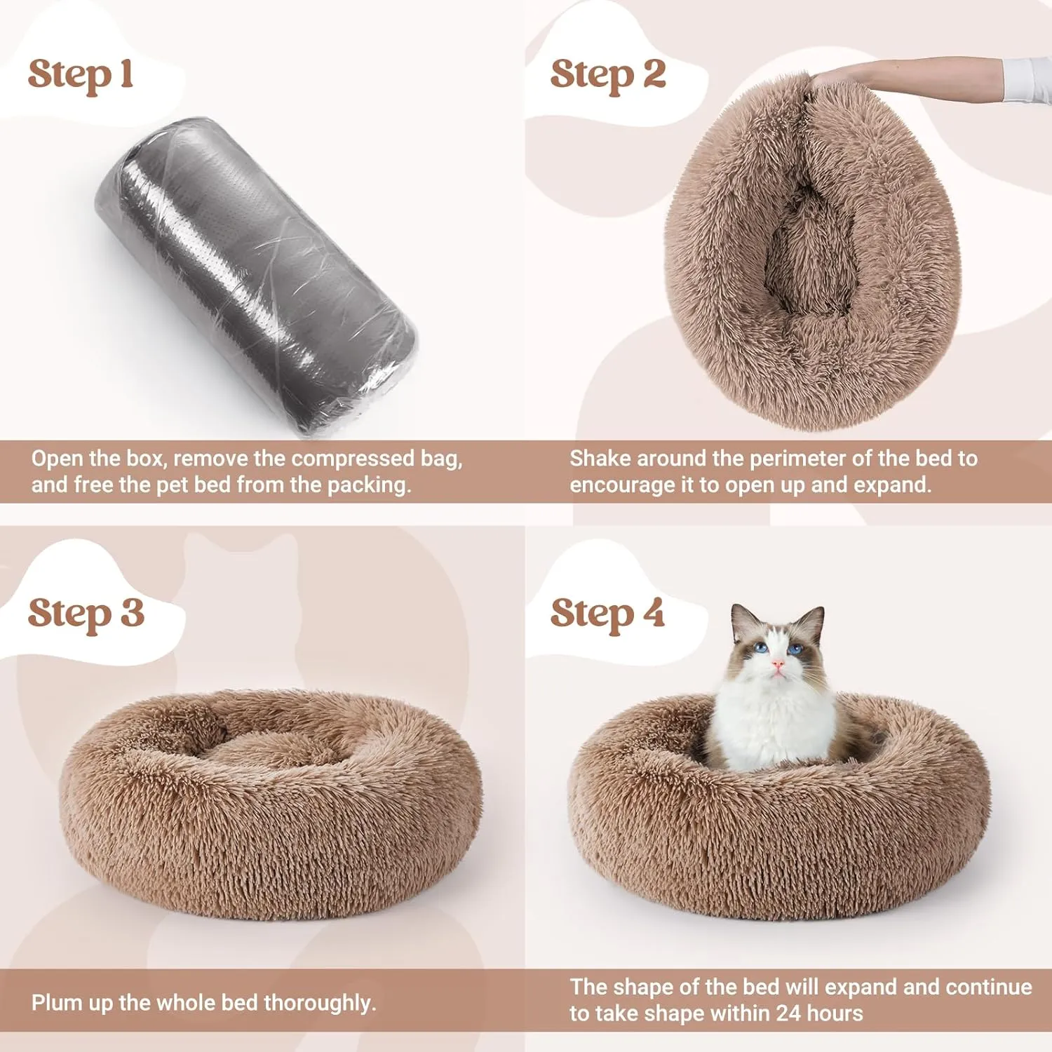 rabbitgoo Cat Beds for Indoor, 20 inches Machine Washable, Fluffy Round Pet Bed Non-Slip, Calming Soft Plush Donut Cuddler Cushion Self Warming for Small Dogs Kittens, Light Brown, Medium