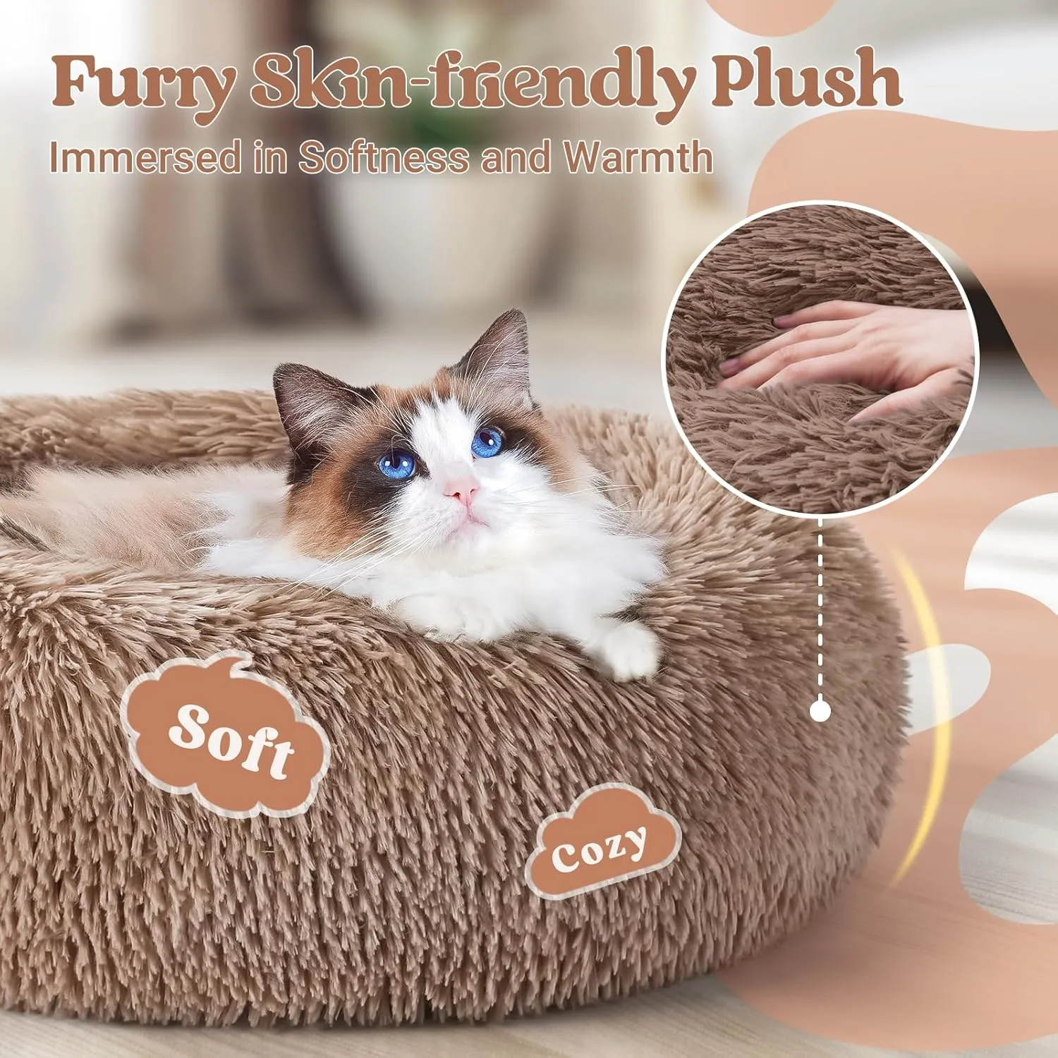 rabbitgoo Cat Beds for Indoor, 20 inches Machine Washable, Fluffy Round Pet Bed Non-Slip, Calming Soft Plush Donut Cuddler Cushion Self Warming for Small Dogs Kittens, Light Brown, Medium
