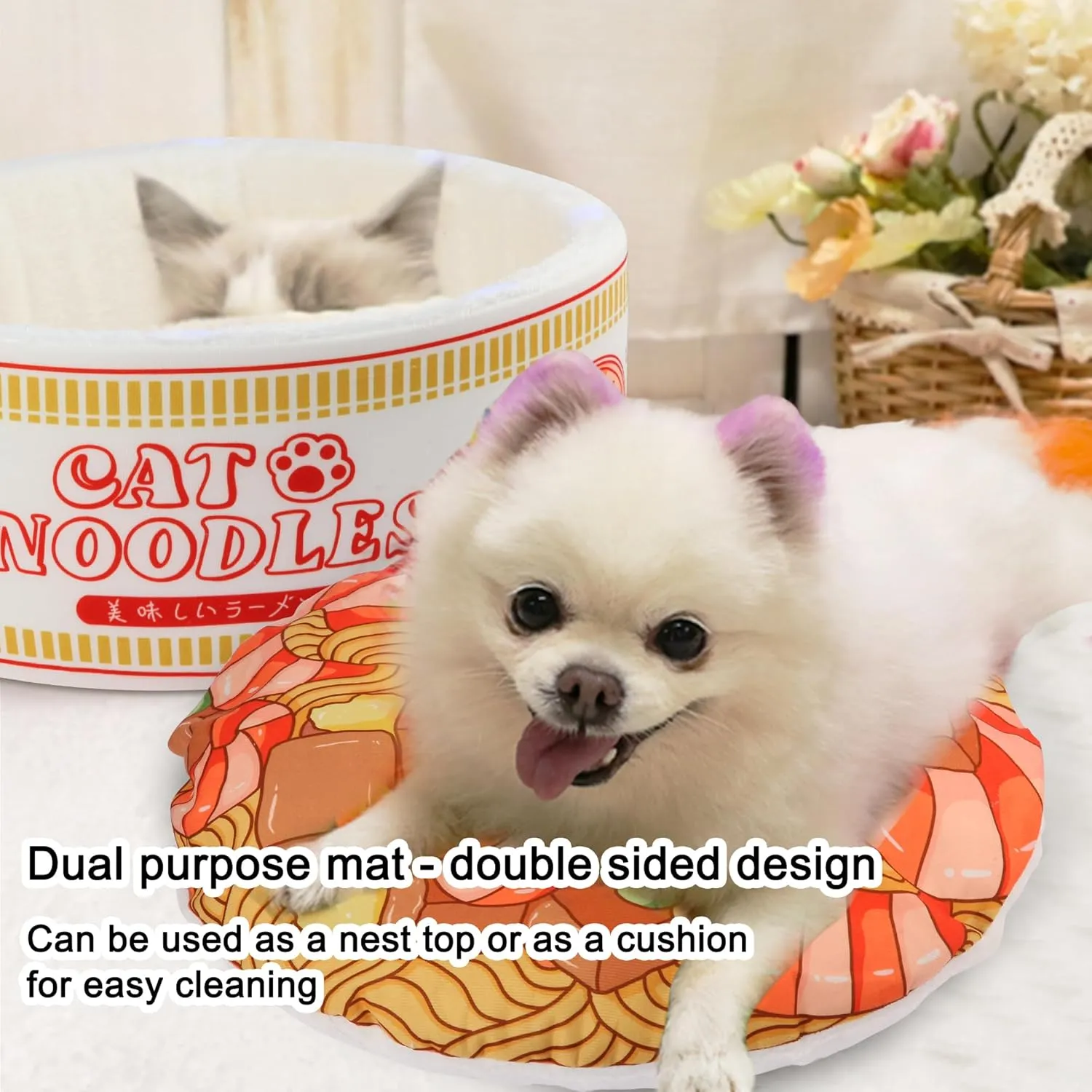  Ramen Noodle Dog & Cat Bed,Keep Warm and Super Soft Creative Pet Nest for Indoor Cats,Removable Washable Cushion for Small Medium Large Dogs and Cats