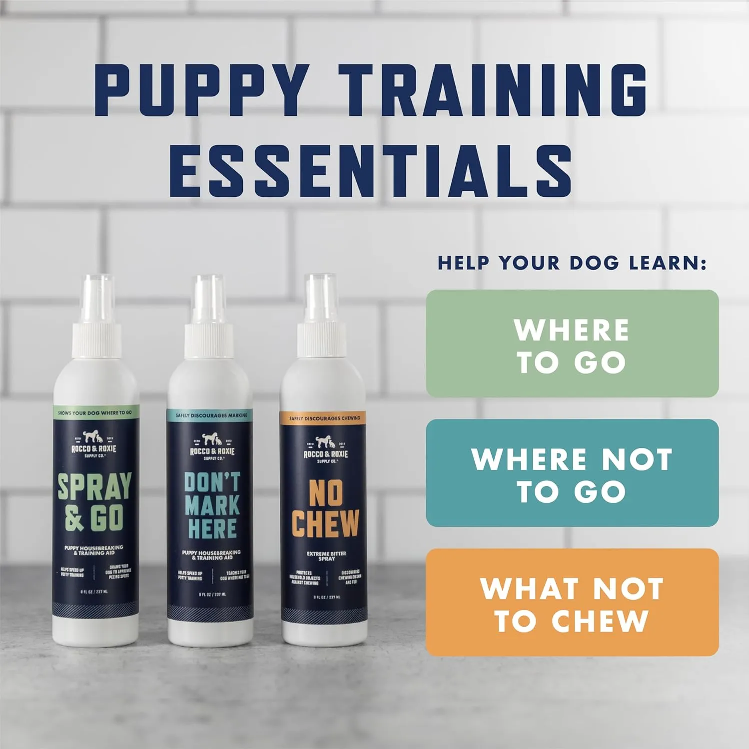 Rocco & Roxie No Chew Spray for Dogs, Bitter Dog Training Aid, Alcohol-Free Puppy Deterrent Formula with Calming Copaiba Oil, Safe Anti-Chew Solution for Skin, Furniture, Wounds & Plants - 8 oz