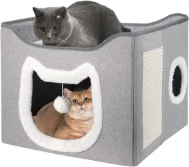 Selecta Grey Indoor Cat House - Foldable, Covered Cat Bed Cave with Fluffy Ball and Scratch Pad