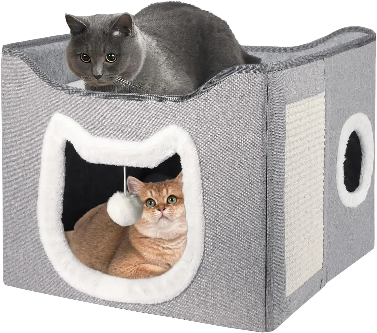 Selecta Grey Indoor Cat House - Foldable, Covered Cat Bed Cave with Fluffy Ball and Scratch Pad