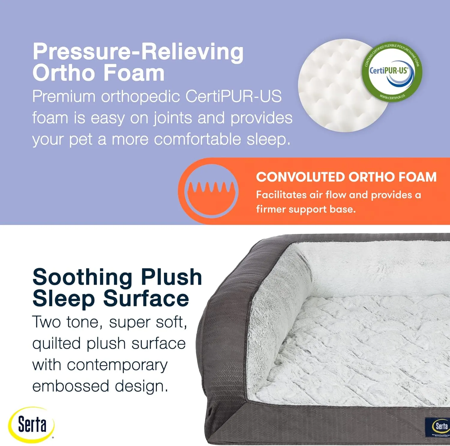 Serta Orthopedic Quilted Couch Dog Bed for Pets  Slate Gray (Large)