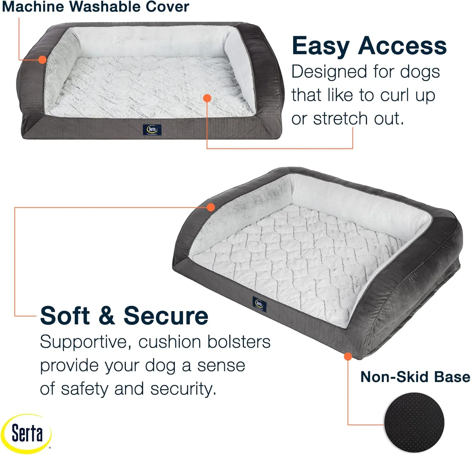 Serta Orthopedic Quilted Couch Dog Bed for Pets  Slate Gray (Large)