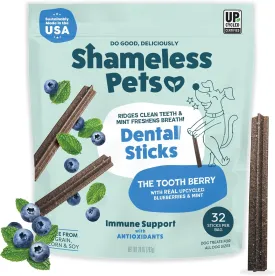 Shameless Pets Toothberry Dental Chews for Dogs  Natural Dog Dental Sticks for Fresh Breath, Teeth Cleaning & Removes Tartar, Grain-Free Dog Treats, No Corn or Soy, 32 Sticks