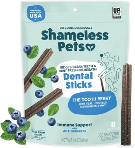 Shameless Pets Toothberry Dental Chews for Dogs  Natural Dog Dental Sticks for Fresh Breath, Teeth Cleaning & Removes Tartar, Grain-Free Dog Treats, No Corn or Soy