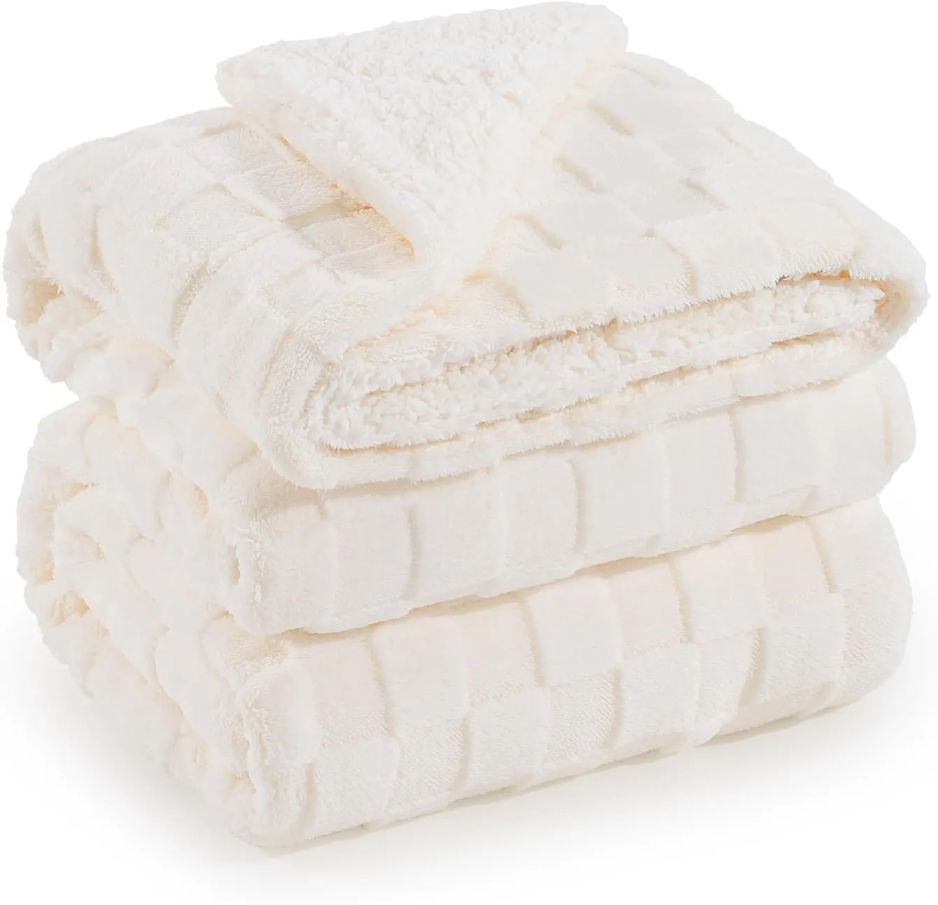 Sherpa Throw Blanket for Couch Bed, Soft Throw Blanket for Women, Cozy Fuzzy Fleece Checkered Blanket, Lightweight All-Season Throw, for Home, Cream White, 50x60 Inches