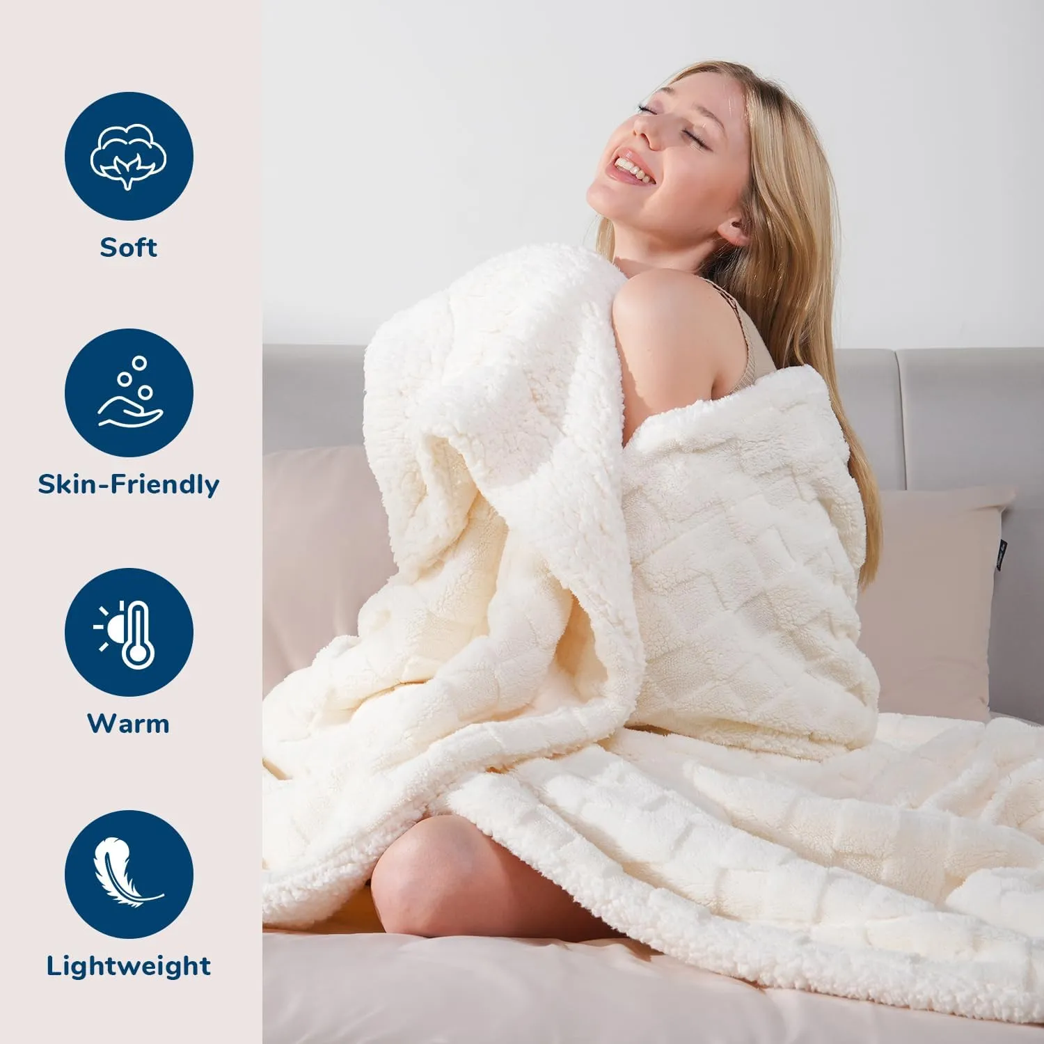 Sherpa Throw Blanket for Couch Bed, Soft Throw Blanket for Women, Cozy Fuzzy Fleece Checkered Blanket, Lightweight All-Season Throw, for Home, Cream White, 50x60 Inches