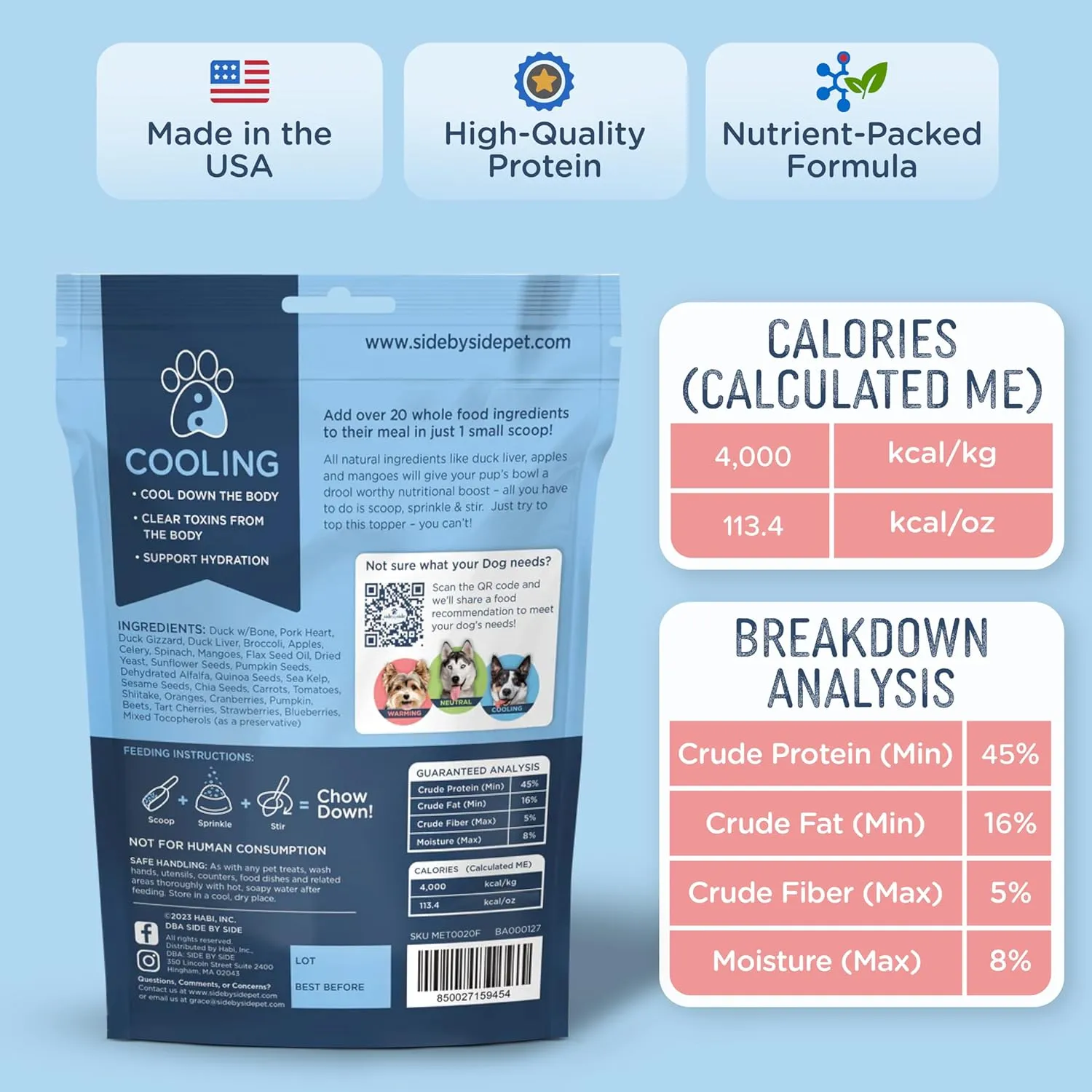 Side by Side Duck Bowl Booster, Freeze-Dried Raw Superfood, Cooling Dog Food Topper for All Breeds, Made of Whole Foods, Every Ingredient Has a Purpose, No Artificial Additives, 4 oz, Pack of 2