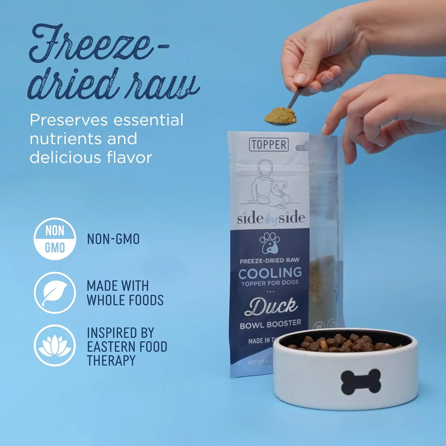 Side by Side Duck Bowl Booster, Freeze-Dried Raw Superfood, Cooling Dog Food Topper for All Breeds, Made of Whole Foods, Every Ingredient Has a Purpose, No Artificial Additives, 4 oz, Pack of 2