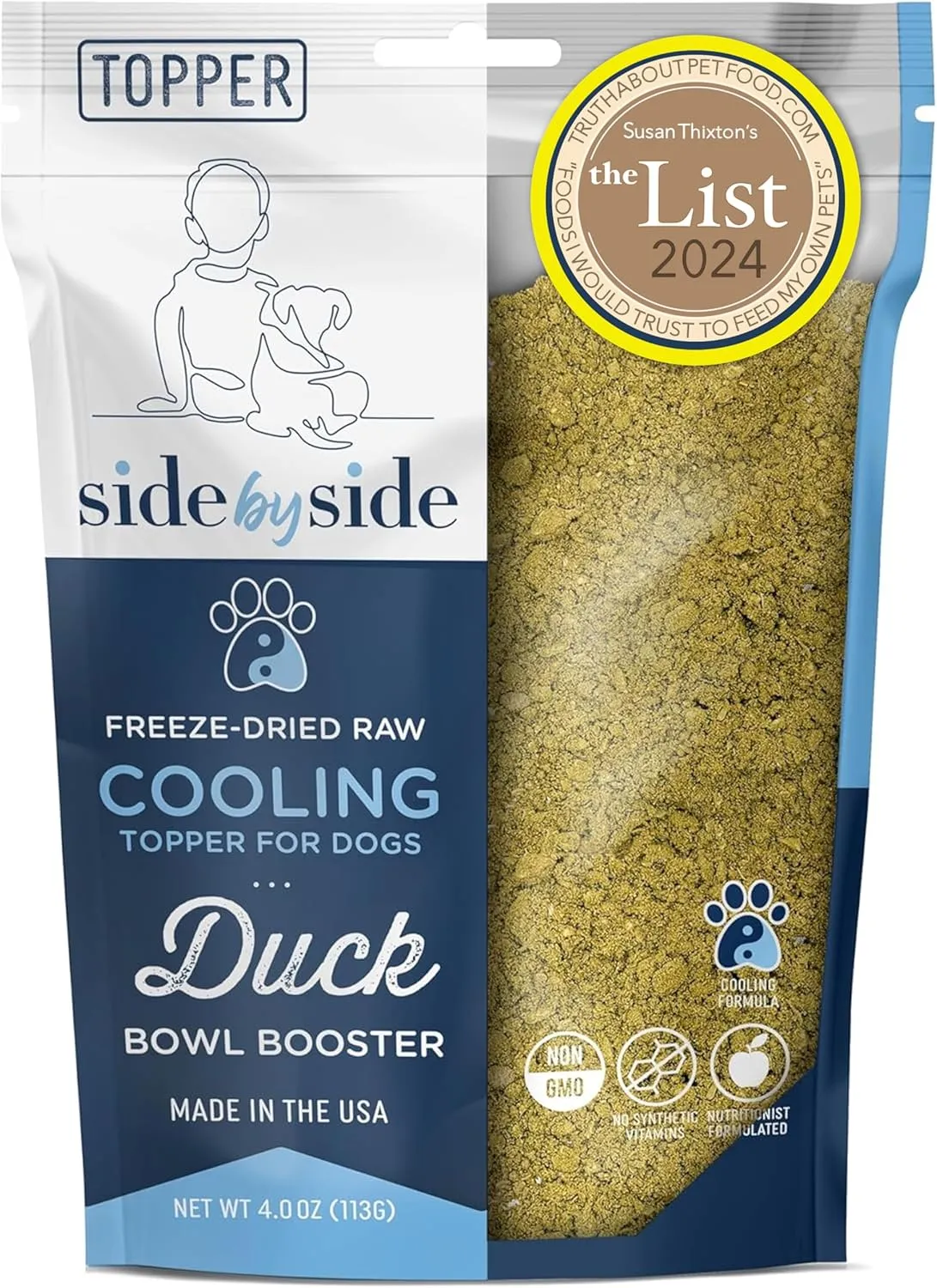 Side by Side Duck Bowl Booster, Freeze-Dried Raw Superfood, Cooling Dog Food Topper for All Breeds, Made of Whole Foods, Every Ingredient Has a Purpose, No Artificial Additives, 4 oz, Pack of 2