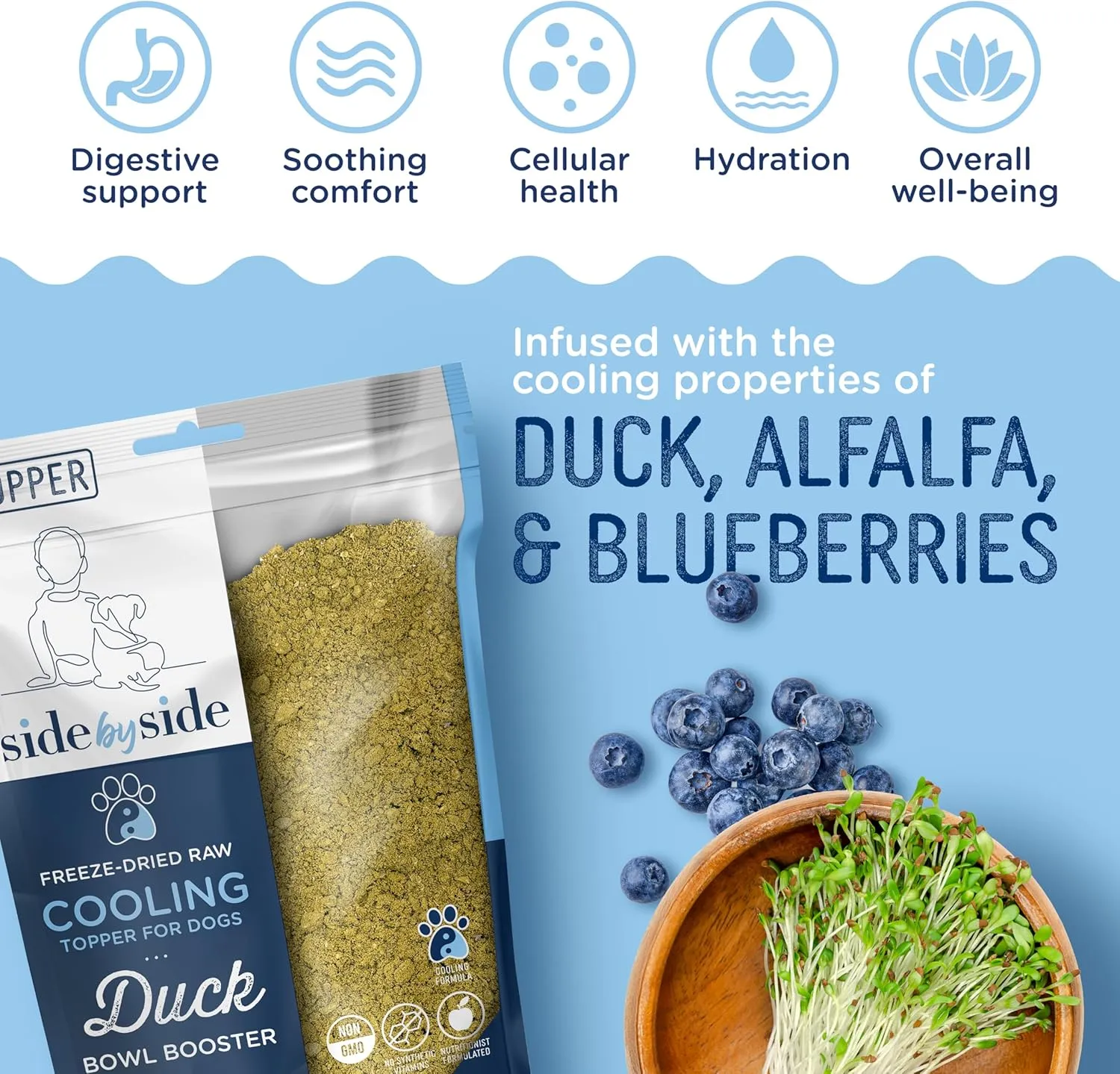 Side by Side Duck Bowl Booster, Freeze-Dried Raw Superfood, Cooling Dog Food Topper for All Breeds, Made of Whole Foods, Every Ingredient Has a Purpose, No Artificial Additives, 4 oz, Pack of 2