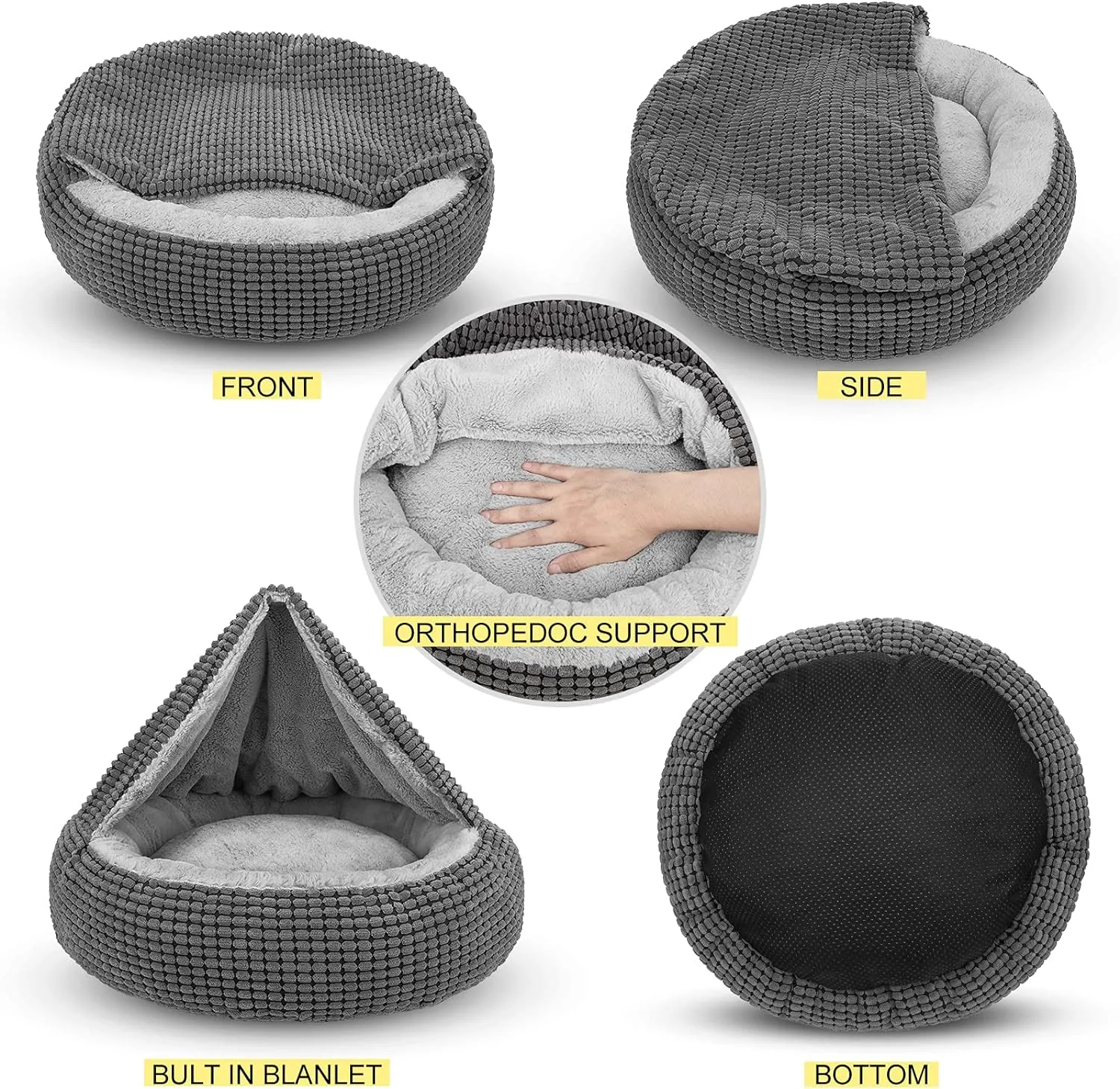 SIWA MARY Small Dog Bed with Attached Blanket, Cozy Donut Cuddler Anti-Anxiety Hooded Pet Beds Calming Cave Bed. Orthopedic Round Puppy Beds for Dogs or Cats Washable, Anti-Slip Bottom, 23inch