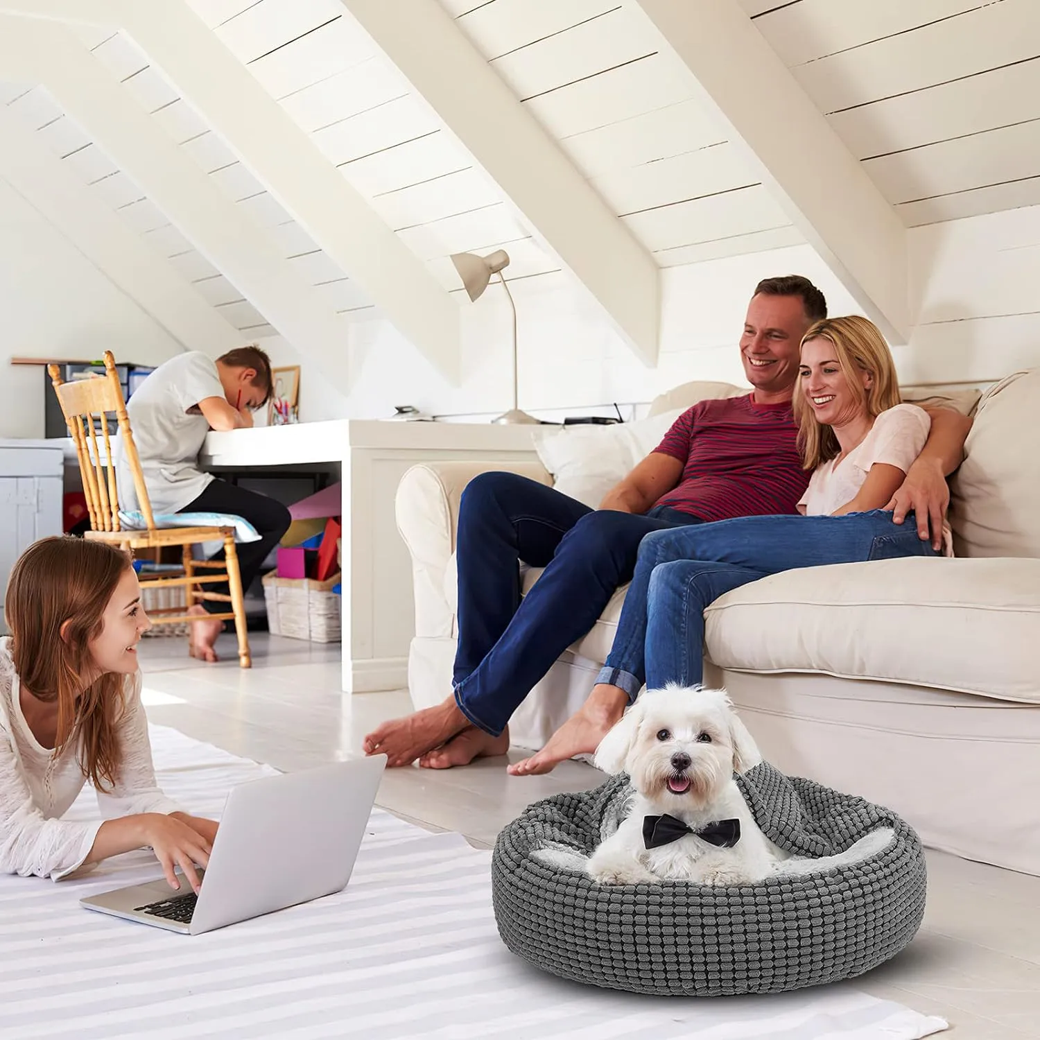 SIWA MARY Small Dog Bed with Attached Blanket, Cozy Donut Cuddler Anti-Anxiety Hooded Pet Beds Calming Cave Bed. Orthopedic Round Puppy Beds for Dogs or Cats Washable, Anti-Slip Bottom, 23inch