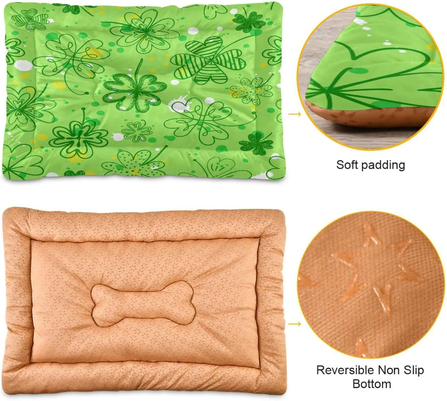 St. Patrick's Day Clover Dog Bed Cat Bed, Non-Slip Soft Pet Crate Mattress Washable Kennel Pad for Small Medium Large Dog Cat, 18 x 24 in