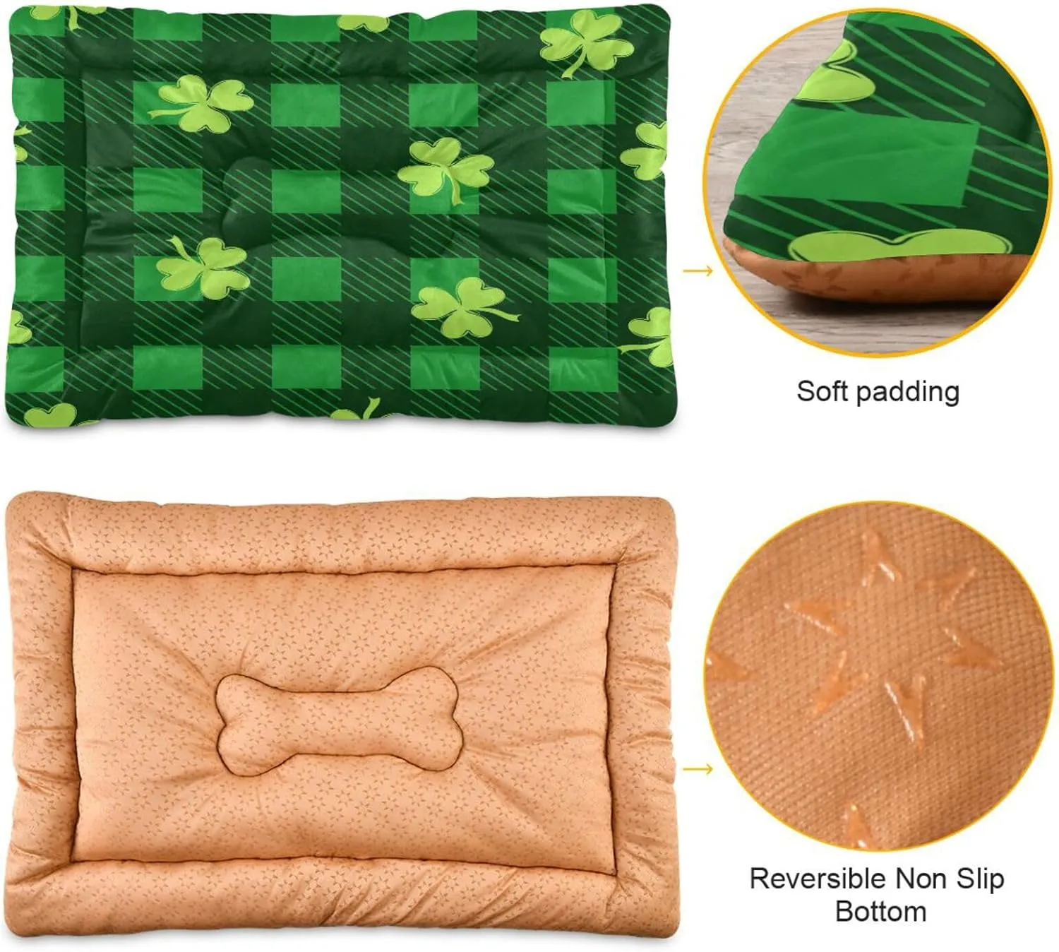 St. Patrick's Day Clover Dog Bed Cat Bed, Non-Slip Soft Pet Crate Mattress Washable Kennel Pad for Small Medium Large Dog Cat, 18 x 24 in