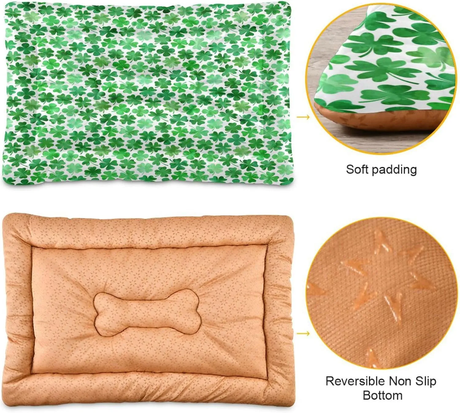 St. Patrick's Day Clover Dog Bed Cat Bed, Non-Slip Soft Pet Crate Mattress Washable Kennel Pad for Small Medium Large Dog Cat, 24 x 36 in