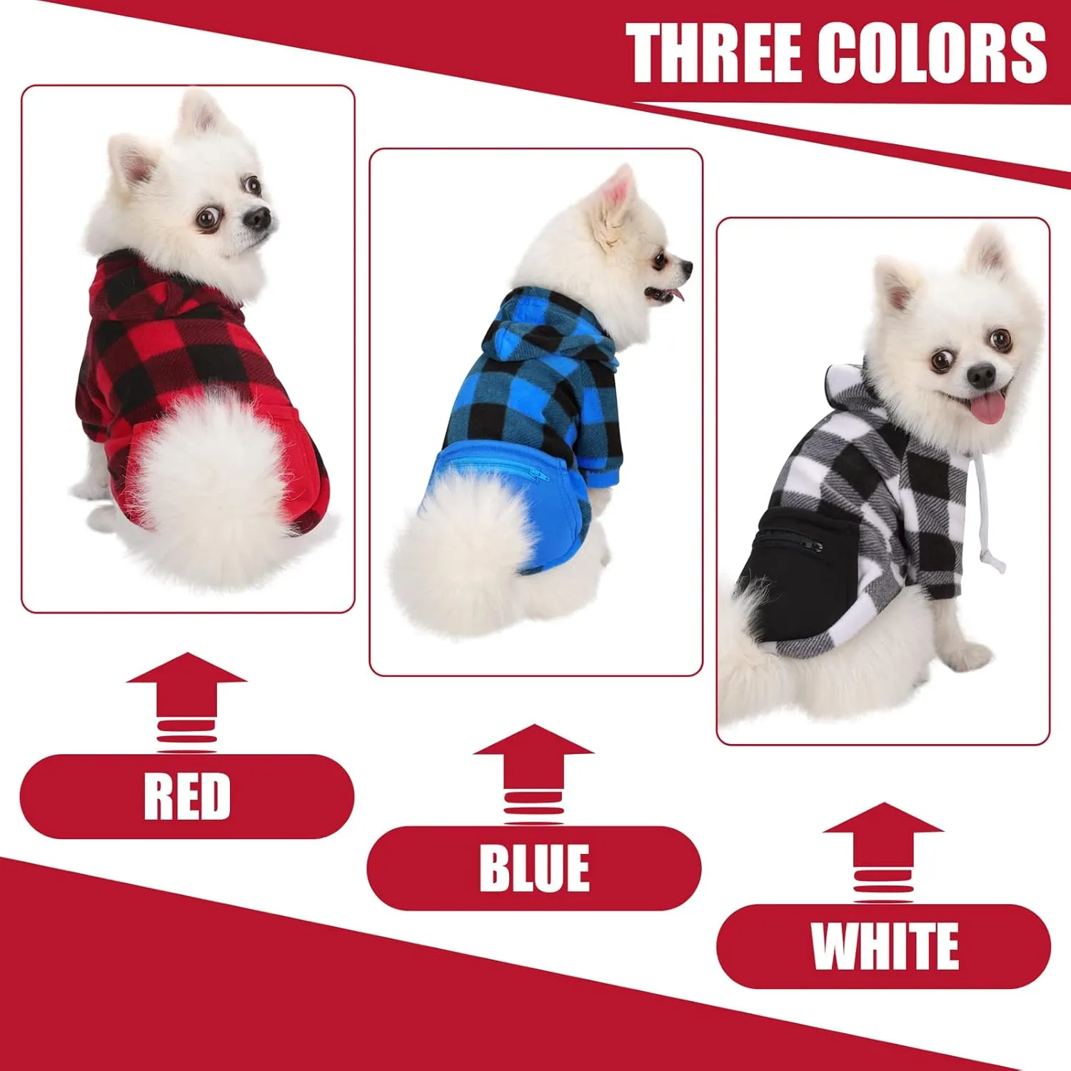 stablerice 3 Pieces Plaid Dog Hoodie Pet Clothes Sweaters with Hat and Pocket Classic Small Medium Dogs Winter Clothing Warm Fleece Hooded Coat Cold Weather for Cats