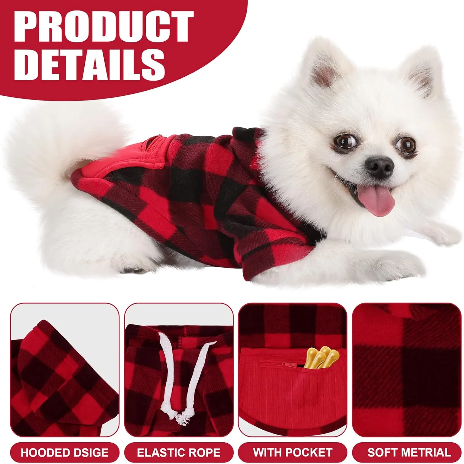 stablerice 3 Pieces Plaid Dog Hoodie Pet Clothes Sweaters with Hat and Pocket Classic Small Medium Dogs Winter Clothing Warm Fleece Hooded Coat Cold Weather for Cats