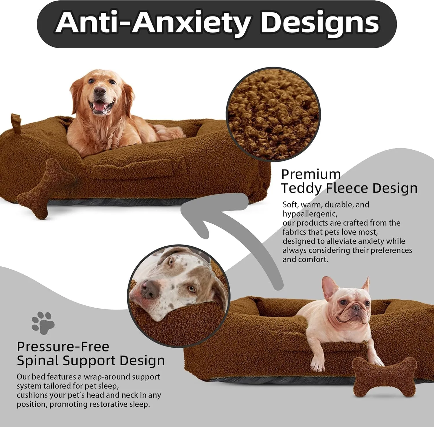 Sytopia Indestructible Chew Proof Dog Bed, Anti-Anxiety Donut Cuddler, Waterproof Soft Round Bed, 32 Inch Teddy Bear Fleece, Washable for Small Medium Dogs and Large Cats 35 lbs, Brown