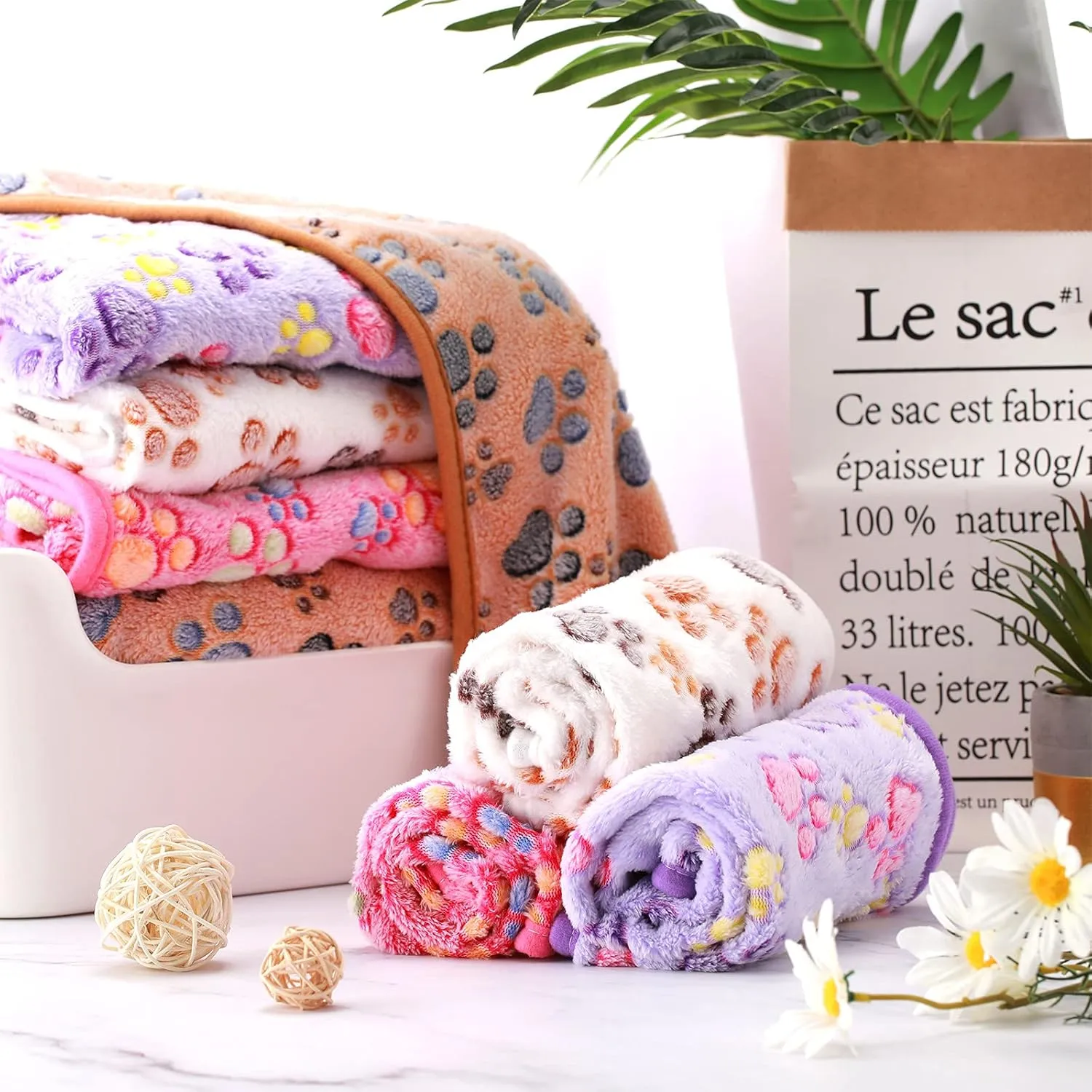 Tatuo 4 Pcs Dog Blanket for Pet Puppy Teething Toys Paw Print Fleece Blanket for Pet Cat Soft Warm Sleep Mat Guinea Pig Cage Mat(Small(24 x 16 Inch),White, Coffee, Pink, Purple)