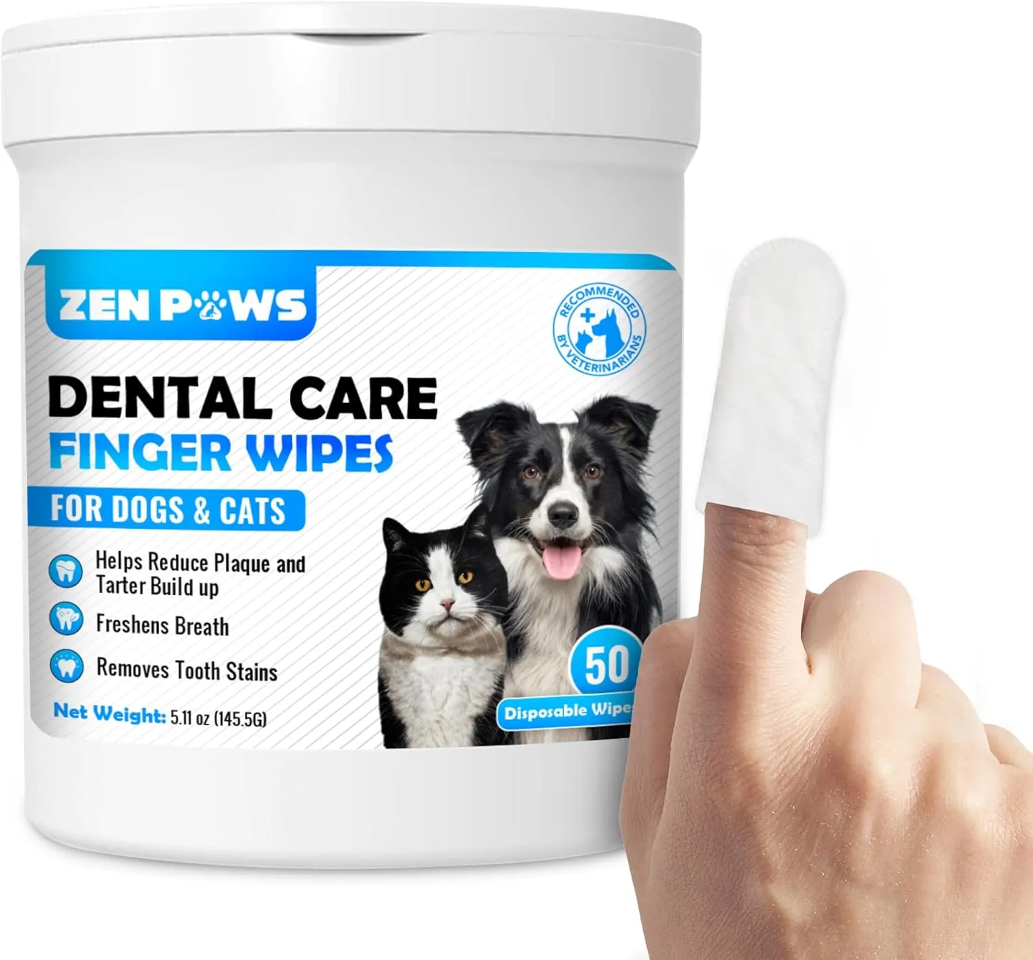 Teeth and Gum Cleaning Wipes for Dogs & Cats - Reduces Plaque, Tarter Buildup & Freshens Breath No-Rinse Disposable Dog Finger Toothbrush Pet Wipes, 50 pcs