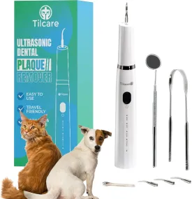 Tilcare Ultrasonic Dog Teeth Cleaning Kit with LED Light Cat Teeth Cleaning Tool with 3 Cleaning Modes, 4 Cleaning Heads and A Tongue Cleaner - Dog Tartar Remover for Teeth