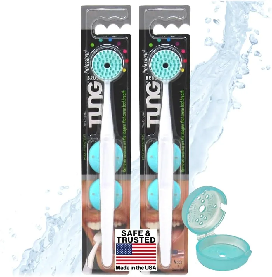 Tung Plastic Tongue Scraper with Protective Caps, Tongue Brush, Tongue Cleaner for Adults, Scrubber, Plastic, Fight Bad Breath and Halitosis | Tongue Scraper Cleaner, Made in America, 2-Pack w/Cap