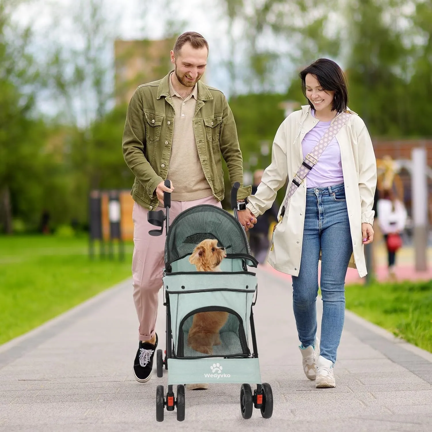 Umbrella Dog Stroller, 4 Wheels Pet Strolling, Foldable Carrier Pet Stroller for Small Dogs Cats, with Carrying Strap and Cup Holder, Dog Poop Bags & Dispenser, Up to 33 lbs, Cyan