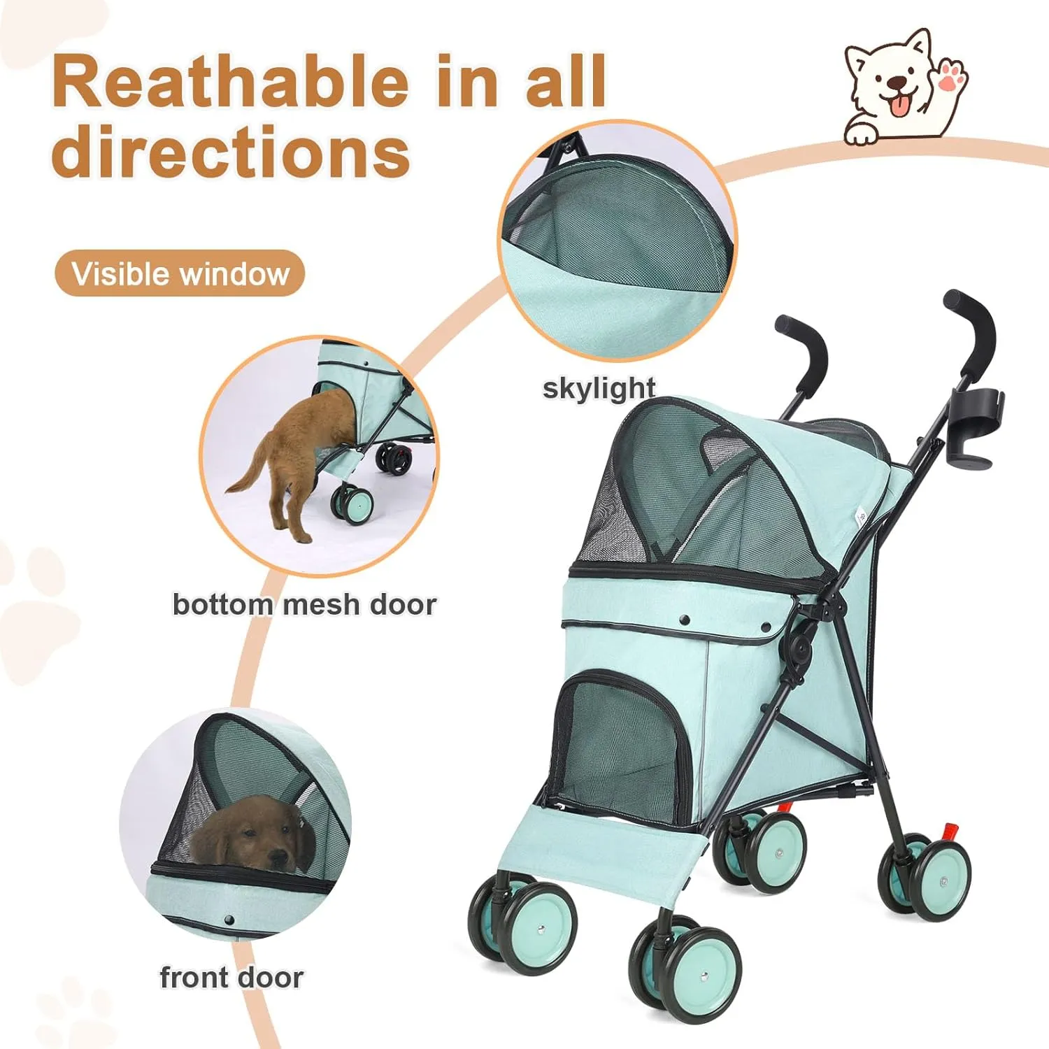 Umbrella Dog Stroller, 4 Wheels Pet Strolling, Foldable Carrier Pet Stroller for Small Dogs Cats, with Carrying Strap and Cup Holder, Dog Poop Bags & Dispenser, Up to 33 lbs, Cyan