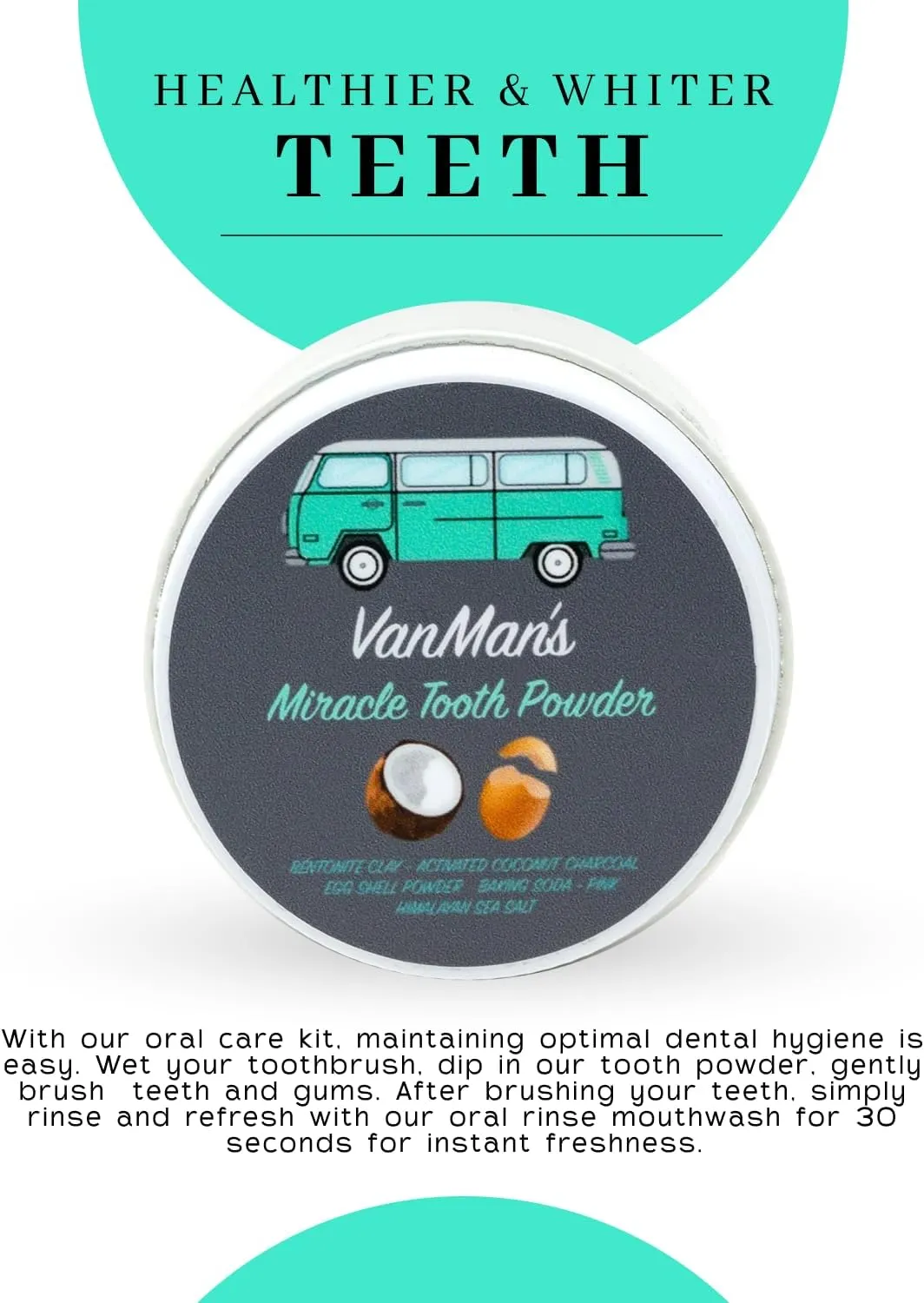 Vanmans - Miracle Tooth Cleaning Powder Toothpaste - Fluoride-Free Whitening Tooth Powder with Coconut Charcoal, Eggshell Powder - Remineralizing Tooth Powder - 2.5 Ounce