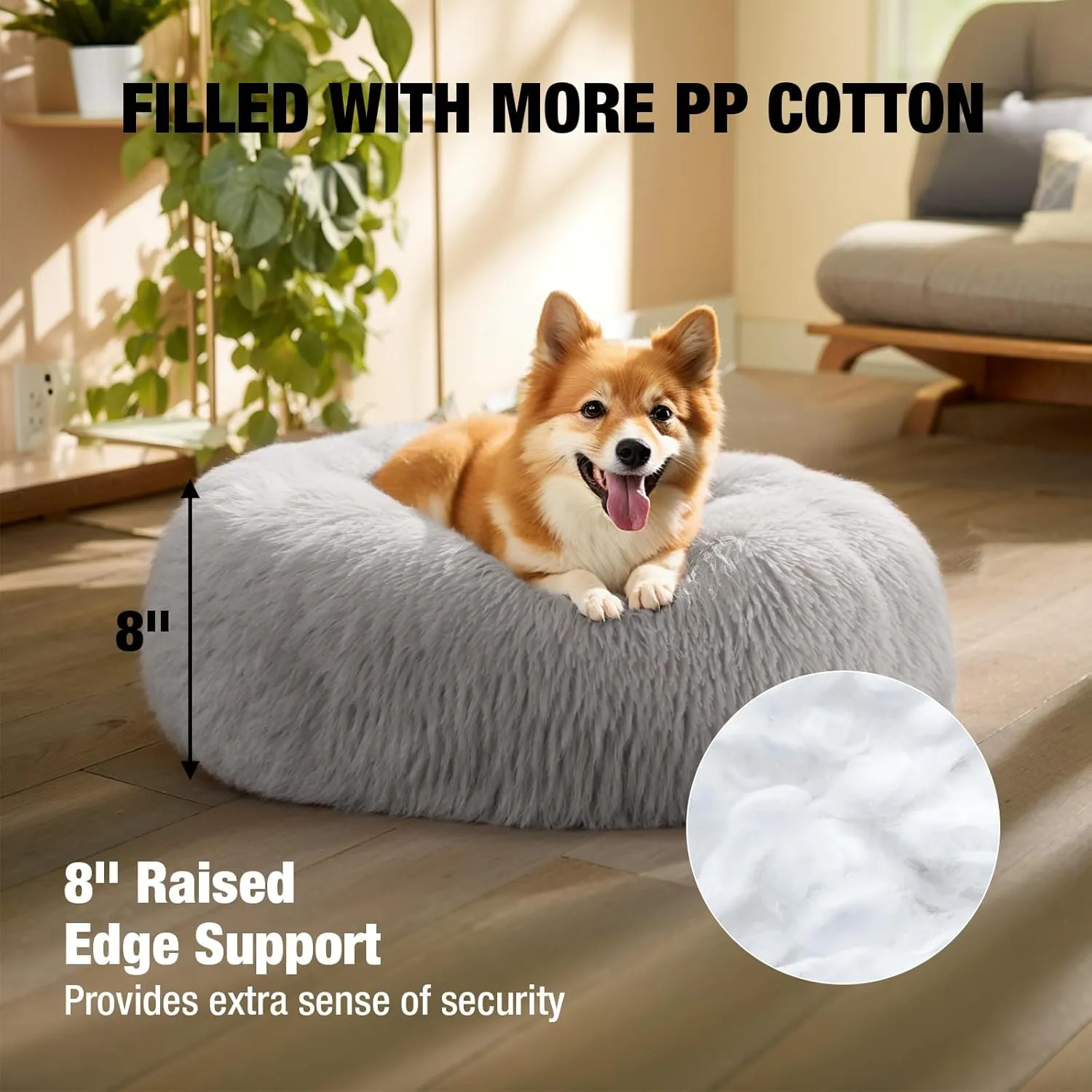 Veehoo Calming Donut Cat Bed for Small Cats Dogs-Round Small Cat Dog Bed, Anti Anxiety Fluffy Faux Plush Cuddler Washable Puppy Bed, Warming Soft Cushion Pet Bed Fits up to 15 lbs Pet, 20", Light Grey